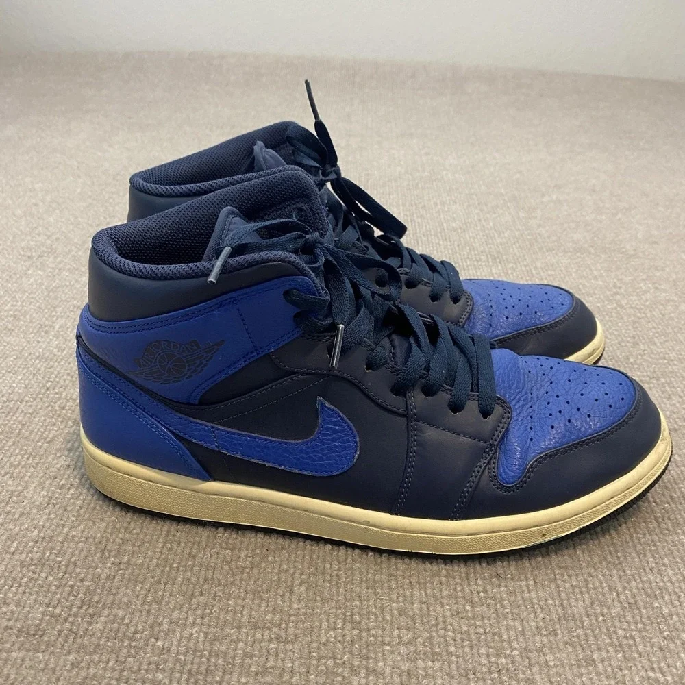 Jordan 1 Mid Shoes Mens Size 11.5‎ Blue Leather Basketball Sneakers 554724-412